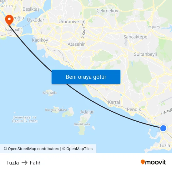 Tuzla to Fatih map