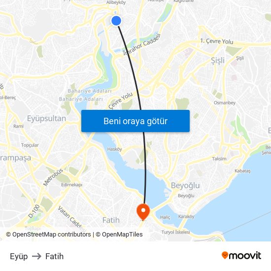 Eyüp to Fatih map
