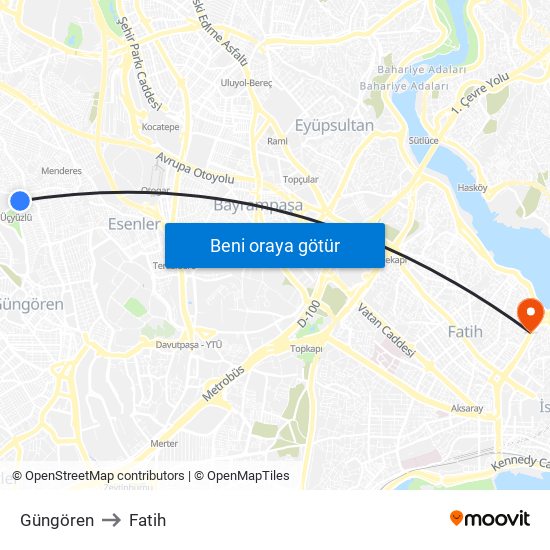 Güngören to Fatih map