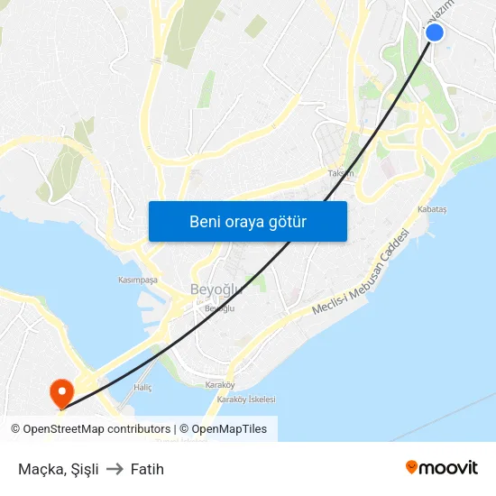 Maçka, Şişli to Fatih map