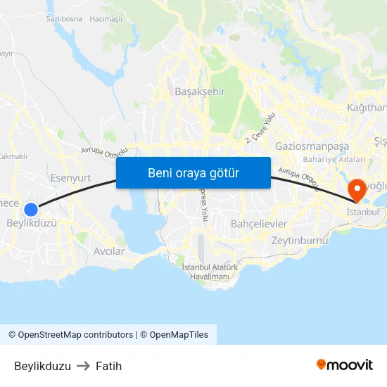Beylikduzu to Fatih map