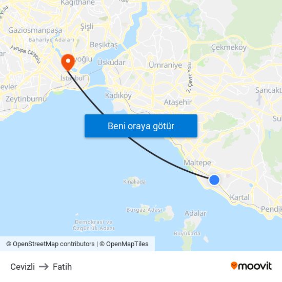 Cevizli to Fatih map