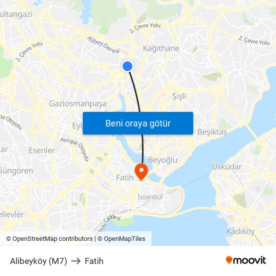 Alibeyköy (M7) to Fatih map