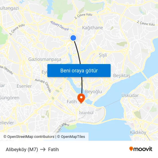 Alibeyköy (M7) to Fatih map