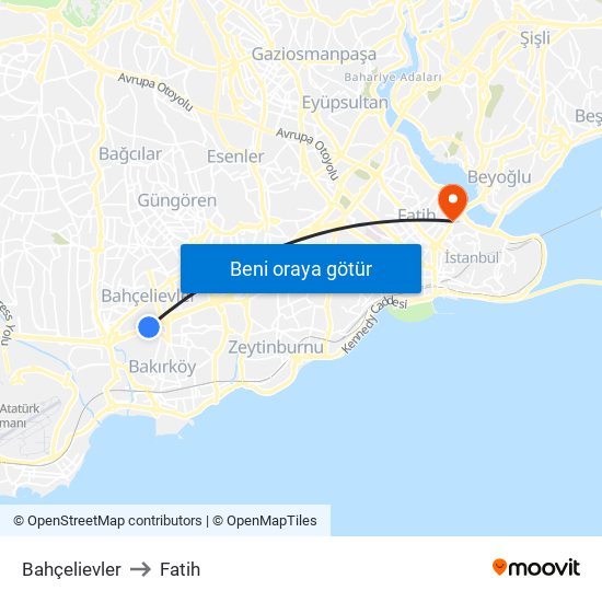 Bahçelievler to Fatih map