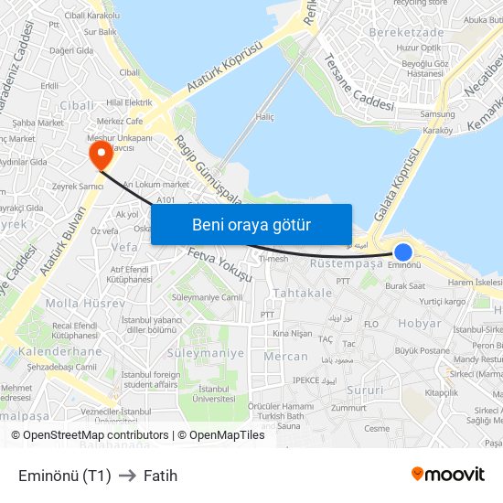 Eminönü (T1) to Fatih map