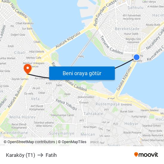 Karaköy (T1) to Fatih map