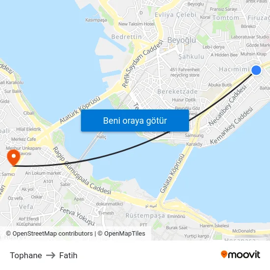 Tophane to Fatih map