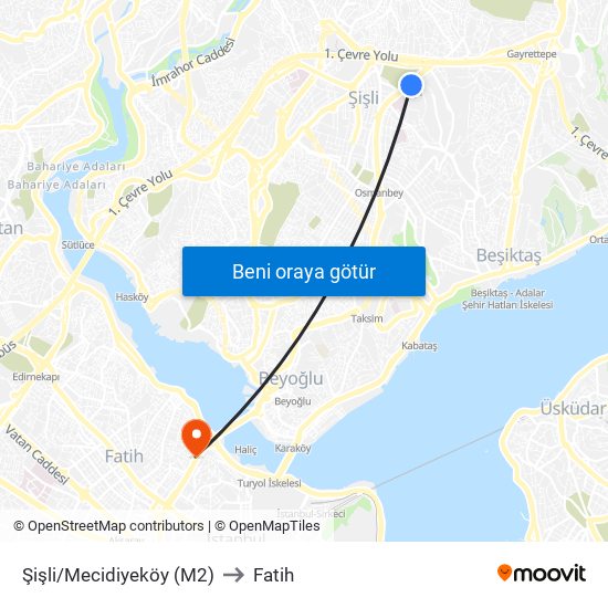 Şişli/Mecidiyeköy (M2) to Fatih map