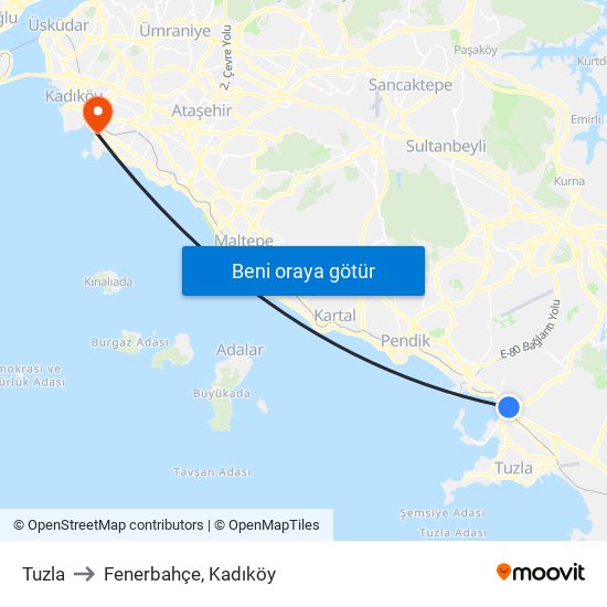 Tuzla to Fenerbahçe, Kadıköy map