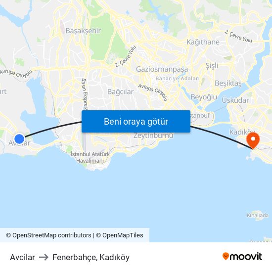 Avcilar to Fenerbahçe, Kadıköy map