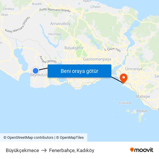 Büyükçekmece to Fenerbahçe, Kadıköy map