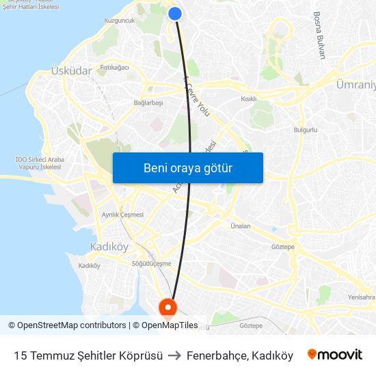 15 Temmuz Şehitler Köprüsü to Fenerbahçe, Kadıköy map