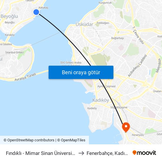 Fındıklı - Mimar Sinan Üniversitesi to Fenerbahçe, Kadıköy map