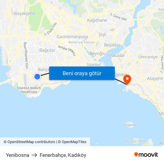 Yenibosna to Fenerbahçe, Kadıköy map