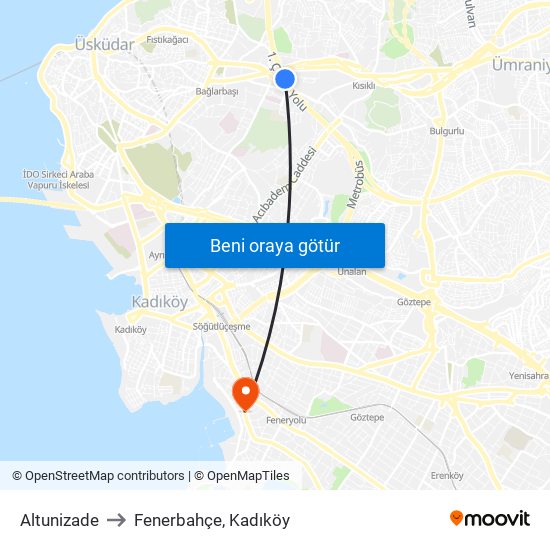 Altunizade to Fenerbahçe, Kadıköy map