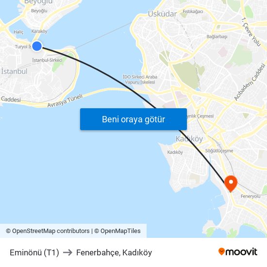 Eminönü (T1) to Fenerbahçe, Kadıköy map