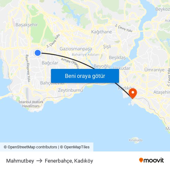 Mahmutbey to Fenerbahçe, Kadıköy map