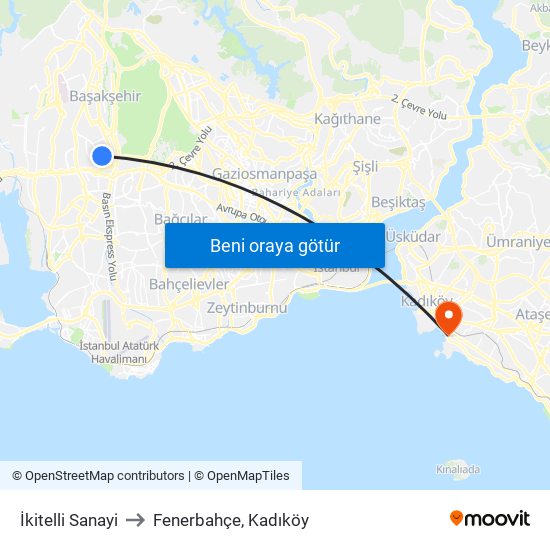 İkitelli Sanayi to Fenerbahçe, Kadıköy map