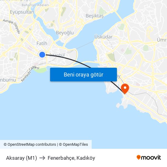Aksaray (M1) to Fenerbahçe, Kadıköy map