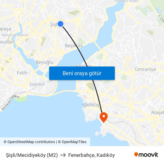 Şişli/Mecidiyeköy (M2) to Fenerbahçe, Kadıköy map