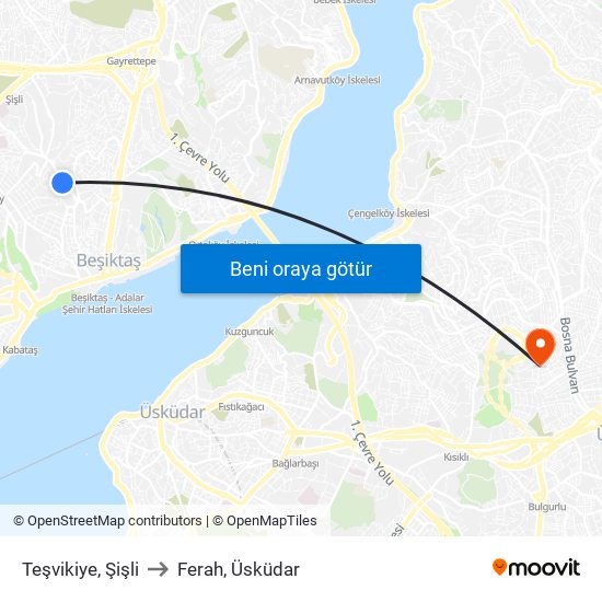 Teşvikiye, Şişli to Ferah, Üsküdar map