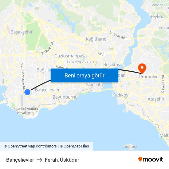 Bahçelievler to Ferah, Üsküdar map