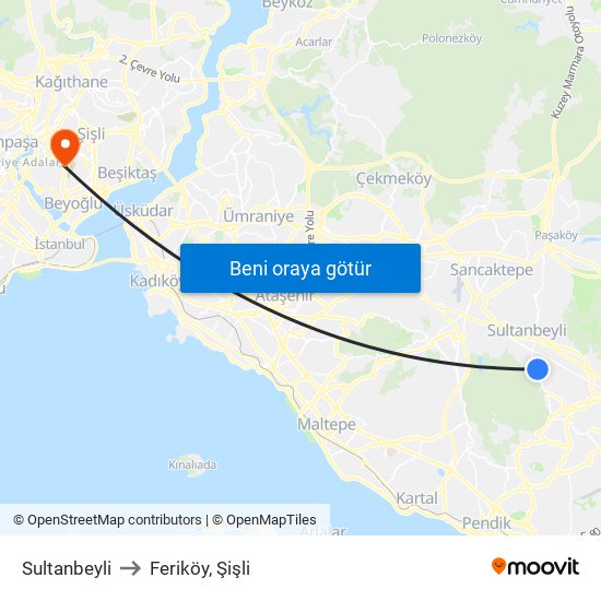 Sultanbeyli to Feriköy, Şişli map