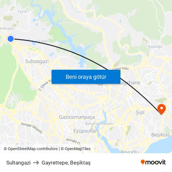 Sultangazi to Gayrettepe, Beşiktaş map