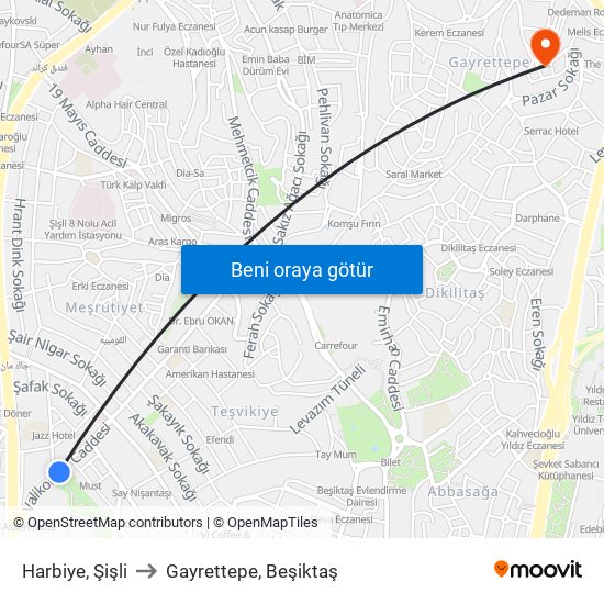 Harbiye, Şişli to Gayrettepe, Beşiktaş map