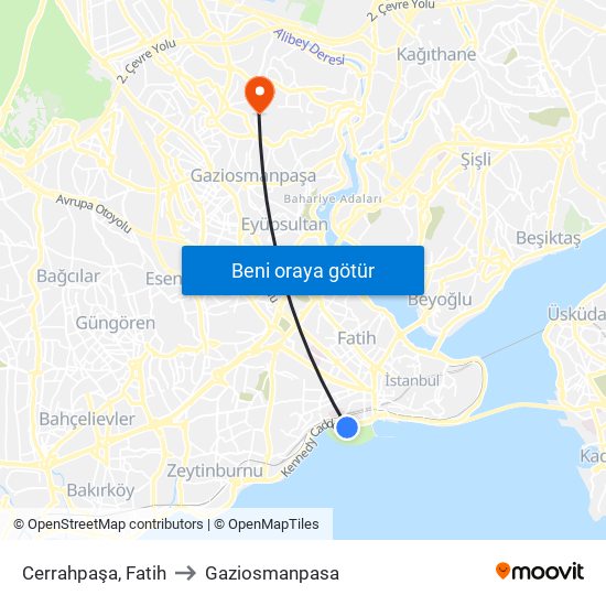 Cerrahpaşa, Fatih to Gaziosmanpasa map