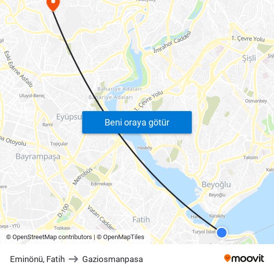 Eminönü, Fatih to Gaziosmanpasa map