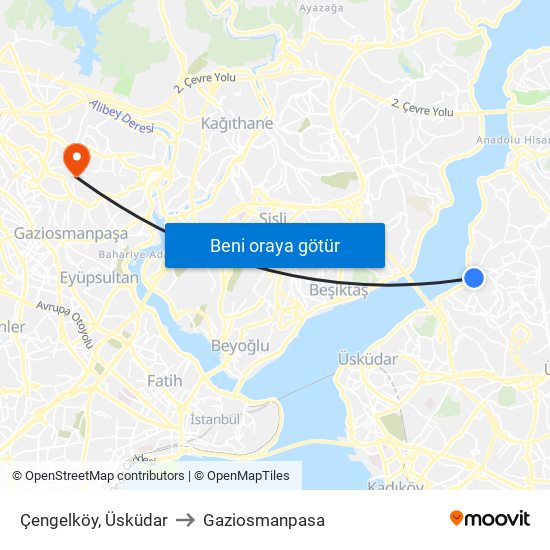 Çengelköy, Üsküdar to Gaziosmanpasa map