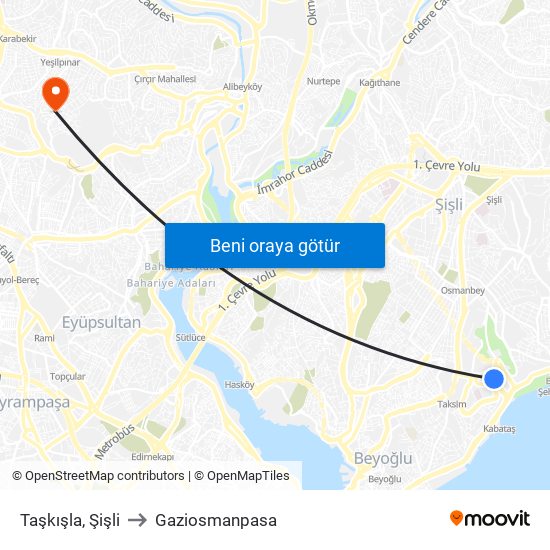 Taşkışla, Şişli to Gaziosmanpasa map