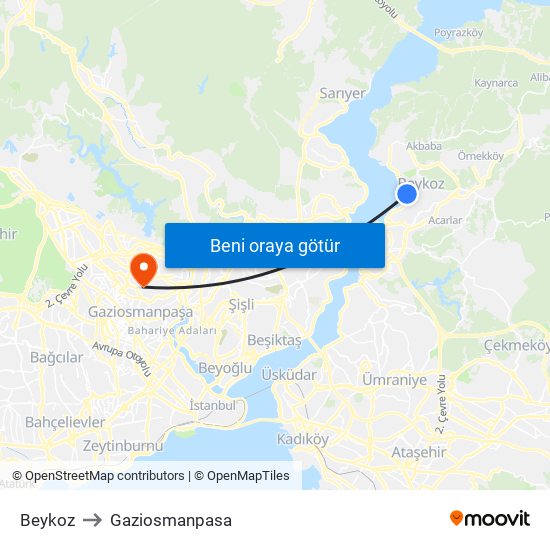 Beykoz to Gaziosmanpasa map