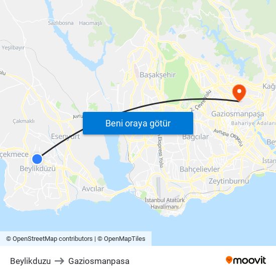 Beylikduzu to Gaziosmanpasa map