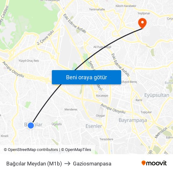Bağcılar Meydan (M1b) to Gaziosmanpasa map