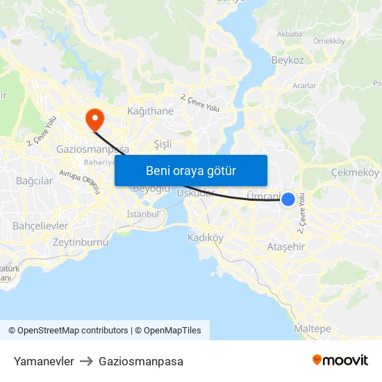 Yamanevler to Gaziosmanpasa map