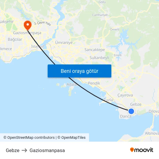 Gebze to Gaziosmanpasa map