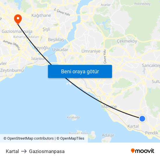 Kartal to Gaziosmanpasa map