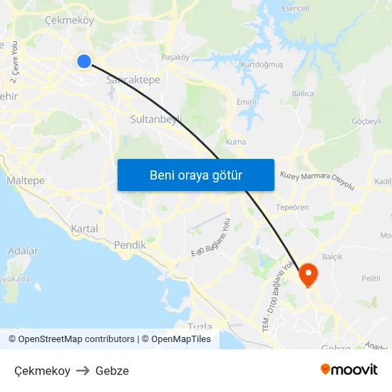 Çekmekoy to Gebze map