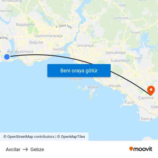 Avcilar to Gebze map