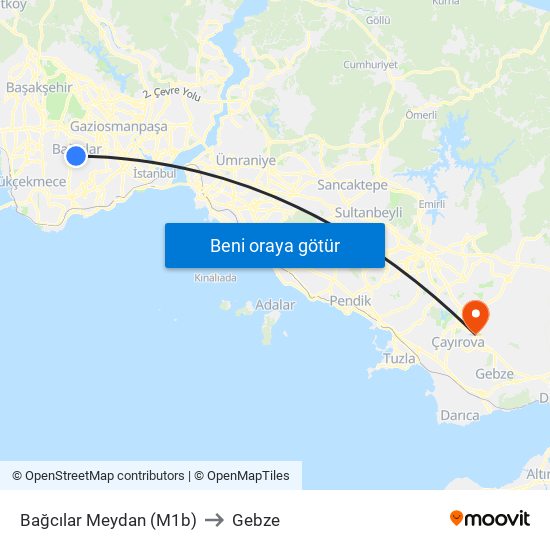 Bağcılar Meydan (M1b) to Gebze map