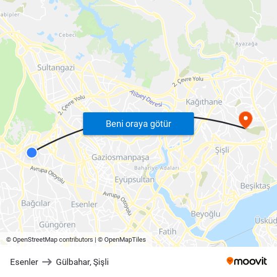 Esenler to Gülbahar, Şişli map