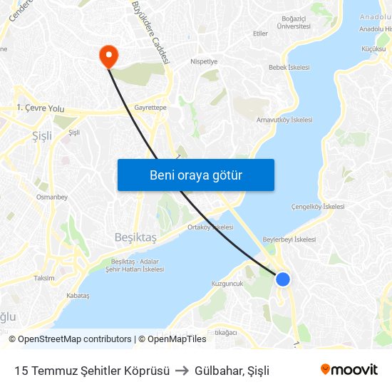 15 Temmuz Şehitler Köprüsü to Gülbahar, Şişli map