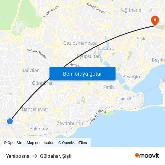 Yenibosna to Gülbahar, Şişli map