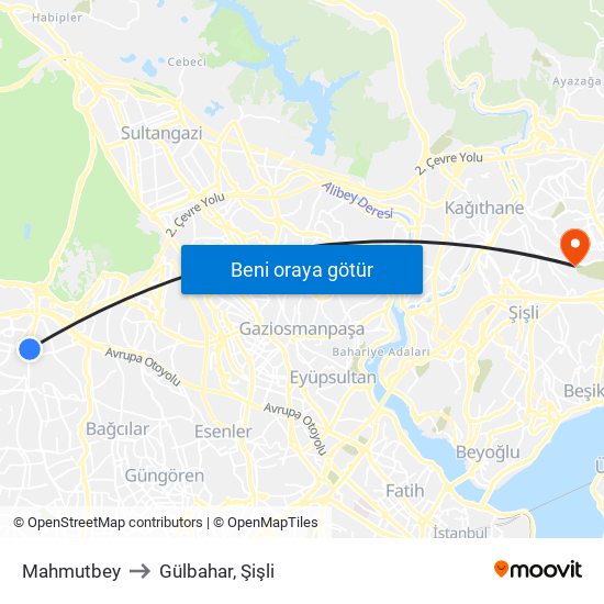 Mahmutbey to Gülbahar, Şişli map