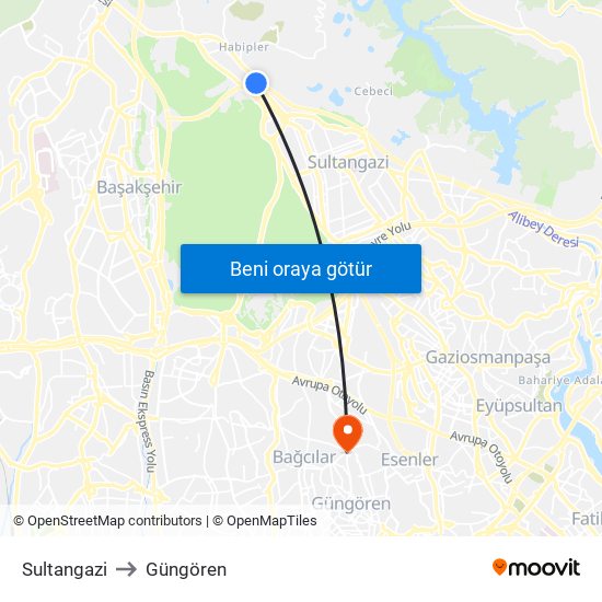 Sultangazi to Güngören map