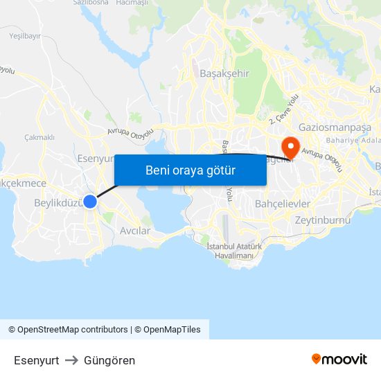 Esenyurt to Güngören map