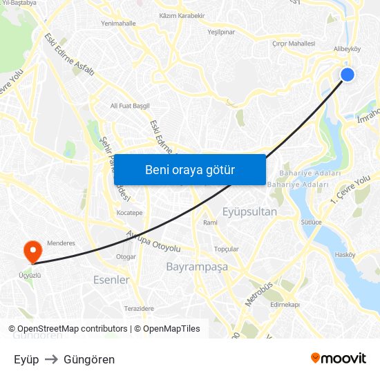 Eyüp to Güngören map